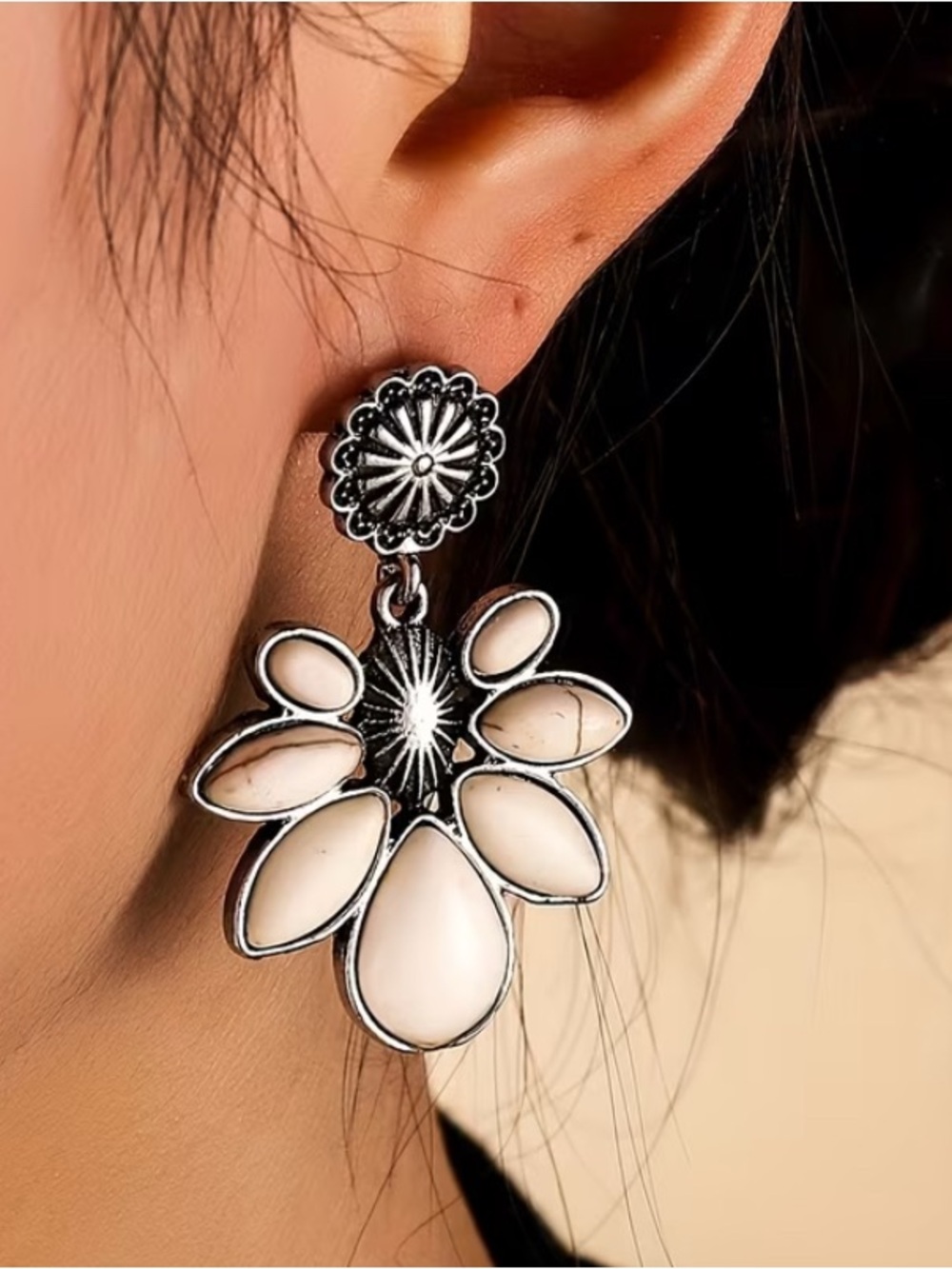 Women's White Stone Flower Drop Earrings - Elegant Silver Tone
